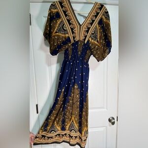 Boho Kaftan Maxi Dress Blue Gold Peacock Print Flowy Resort Vacation M/L